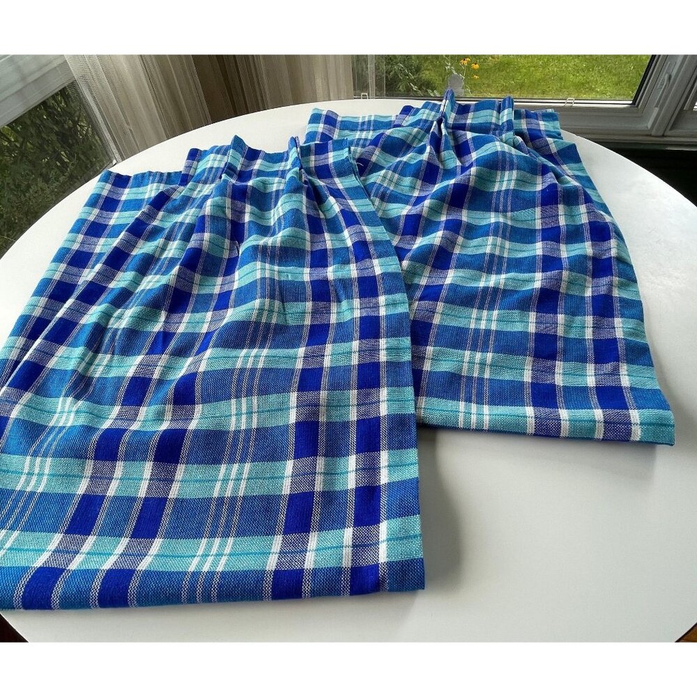 Vintage 80s curtains, bold blue colors plaid, short wide pair of panels, Sears